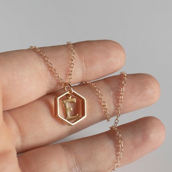designer necklace luxury jewelry hollow hexagon initial for women stainless steel gold chain a-z letter alphabet pendants female gifts, Silver